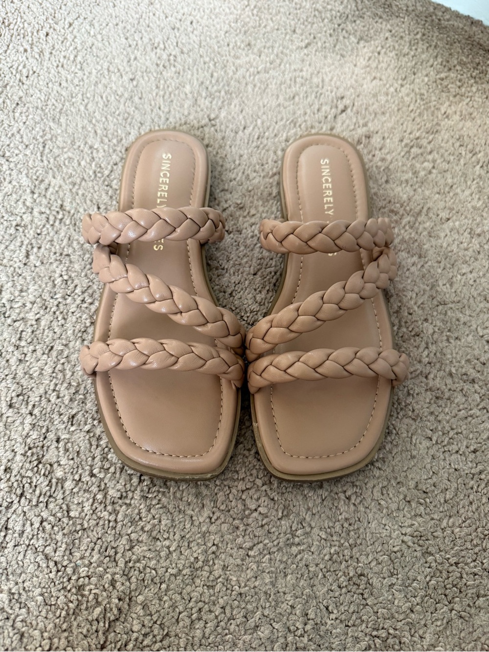 Sincerely Jules Nude Braided Triple-Strap Slide Sandals